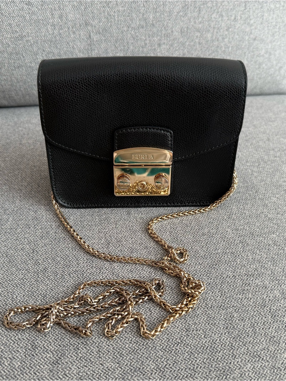 Furla Black Crossbody with Gold Lock and Chain